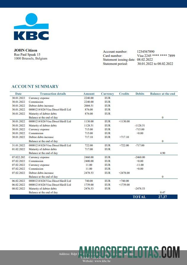 Exemplo de extrato bancário KBC da Bélgica